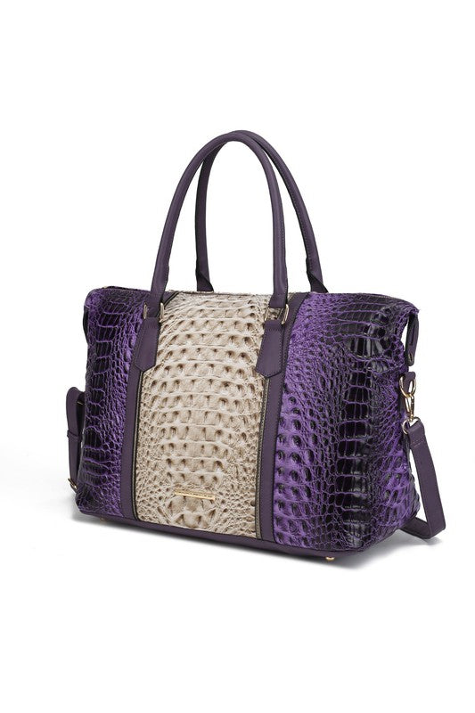 Kunstleder-Duffel mit Krokoprägung, violett mit beigem Mittelpanel, Henkel & Umhängegurt