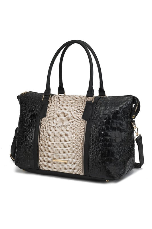 Duffle Bag mit Faux-Krokoprägung, Schwarz & Creme, Tragehenkel und Reißverschluss-Seitenfach