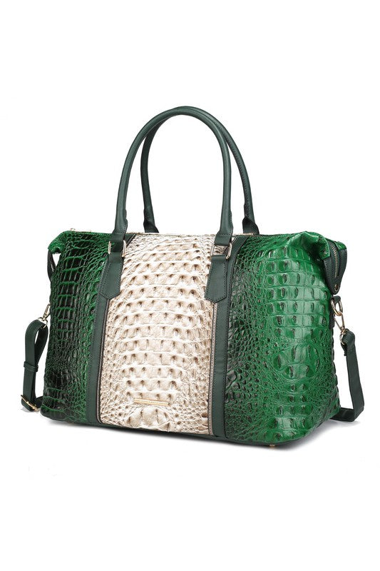 Duffle Bag mit Faux-Krokoprägung, grün & cremefarbenes Mittelpanel, Schulterriemen
