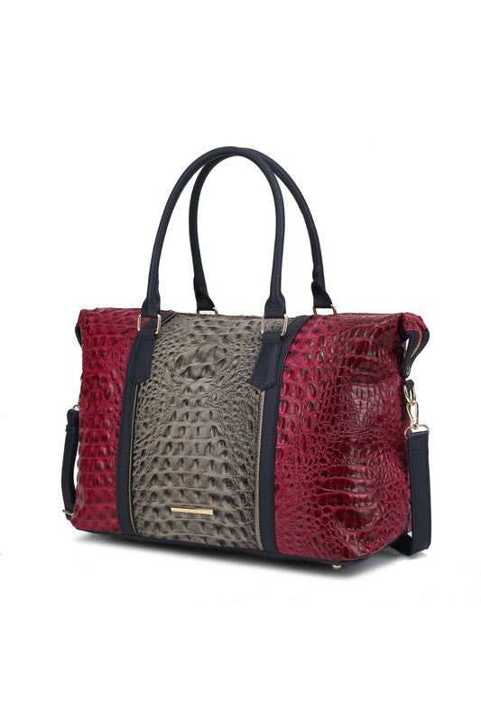 Kunstleder-Duffel mit Krokoprägung, weinrot und graues Mittelpanel, Henkel & Schultergurt