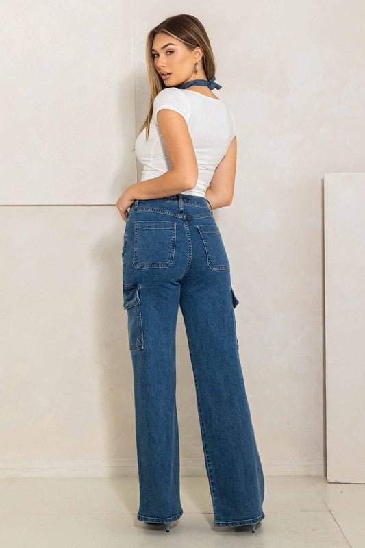 High Rise Crossed Waist Cargo Wide Jeans - Tigbuls Variety Fashion