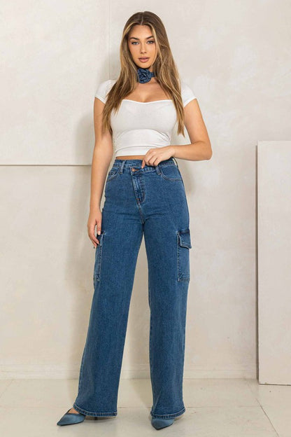 High Rise Crossed Waist Cargo Wide Jeans - Tigbuls Variety Fashion