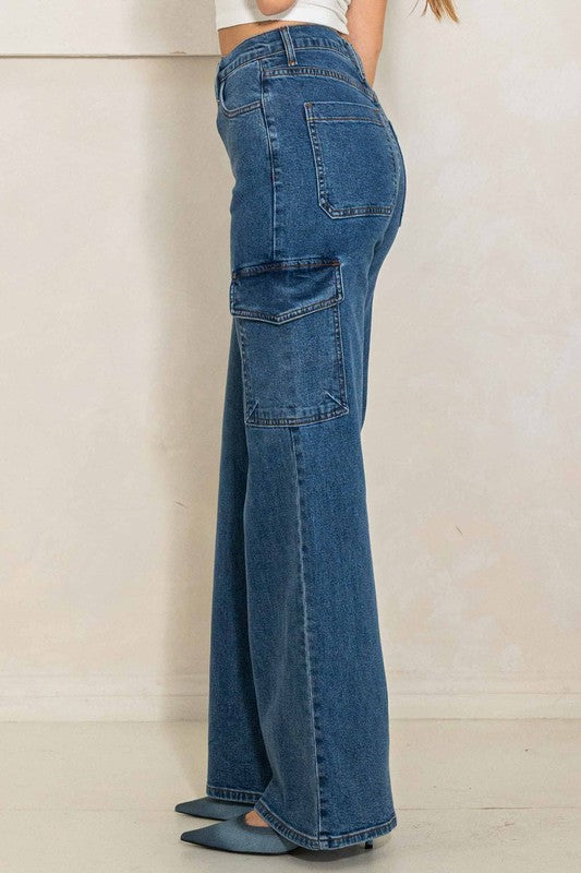 High Rise Crossed Waist Cargo Wide Jeans - Tigbuls Variety Fashion