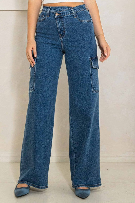 High Rise Crossed Waist Cargo Wide Jeans - Tigbuls Variety Fashion