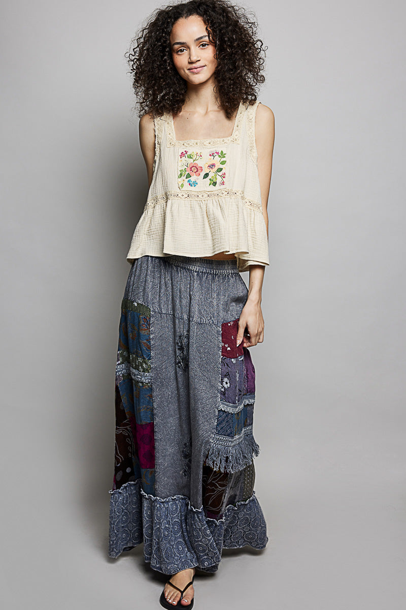 Charcoal Multi patchwork skirt with ruffled hem and colorful stitched fabric blocks