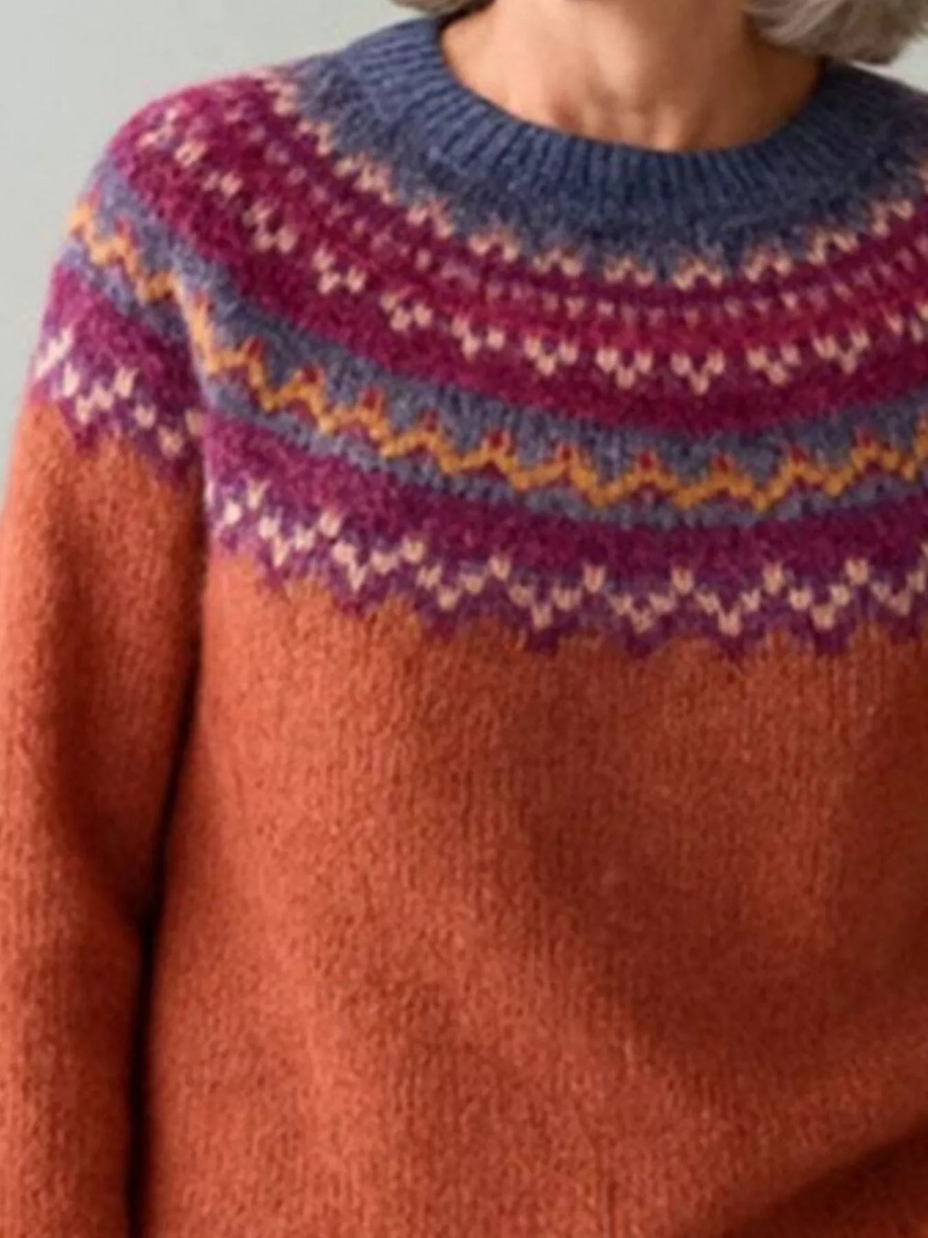 Full Size Vintage Patterned Round Neck Sweater Plus Size - Tigbul's Variety Fashion Shop