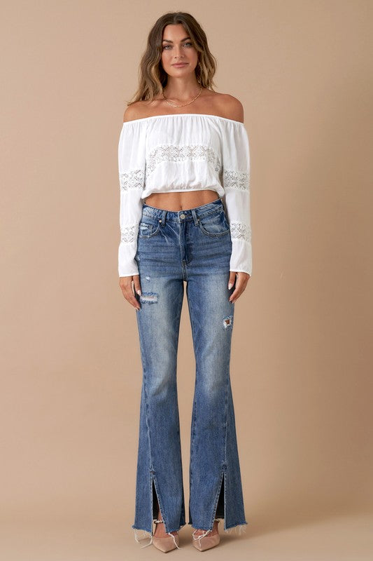 High Rise Slit Flare Denim - Tigbul's Variety Fashion Shop
