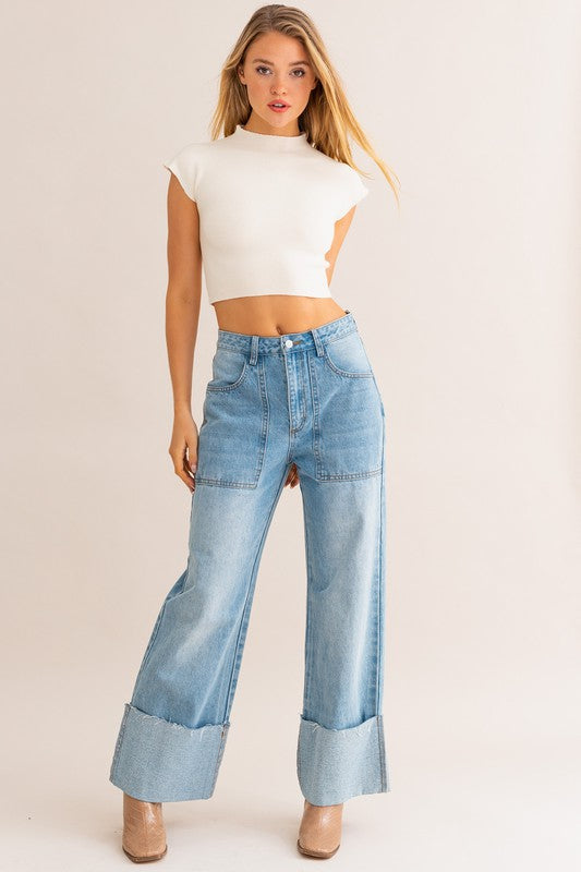 High-Waisted Wide Leg Cuffed Jeans - Tigbul's Variety Fashion Shop