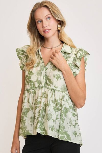 Light Green Botanical Print Babydoll Top - Tigbul's Variety Fashion Shop