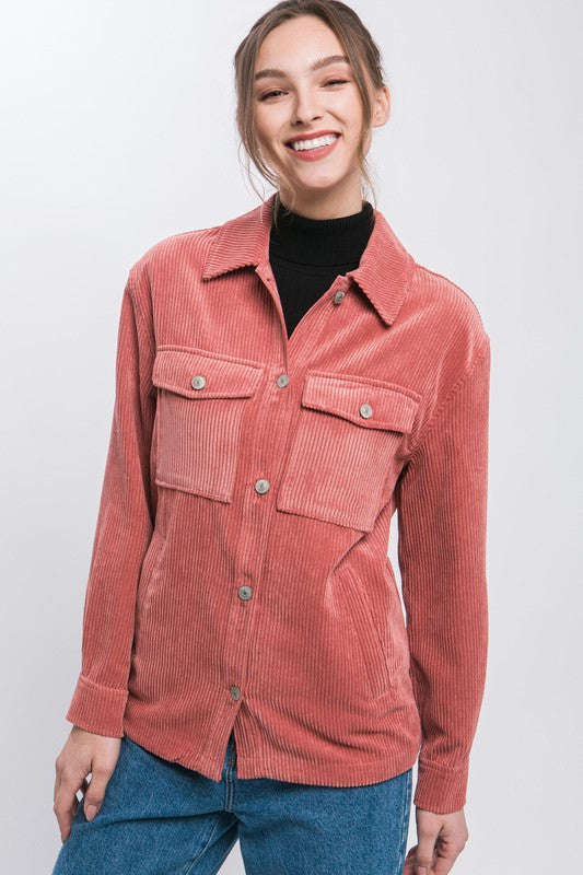 Corduroy Button Down Jacket With Pockets - Tigbuls Variety Fashion