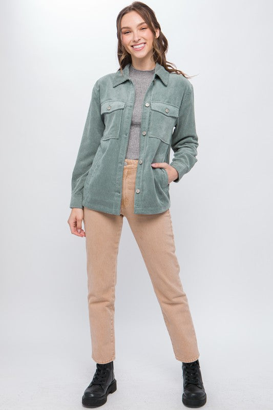 Corduroy Button Down Jacket With Pockets - Tigbuls Variety Fashion