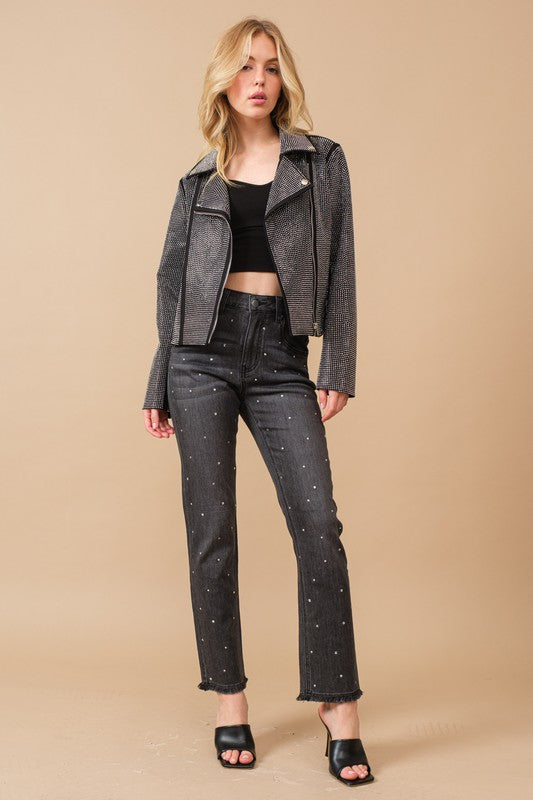Crystal Studded Stretch Zip Up Moto Jacket - Tigbuls Variety Fashion