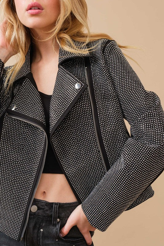 Crystal Studded Stretch Zip Up Moto Jacket - Tigbuls Variety Fashion