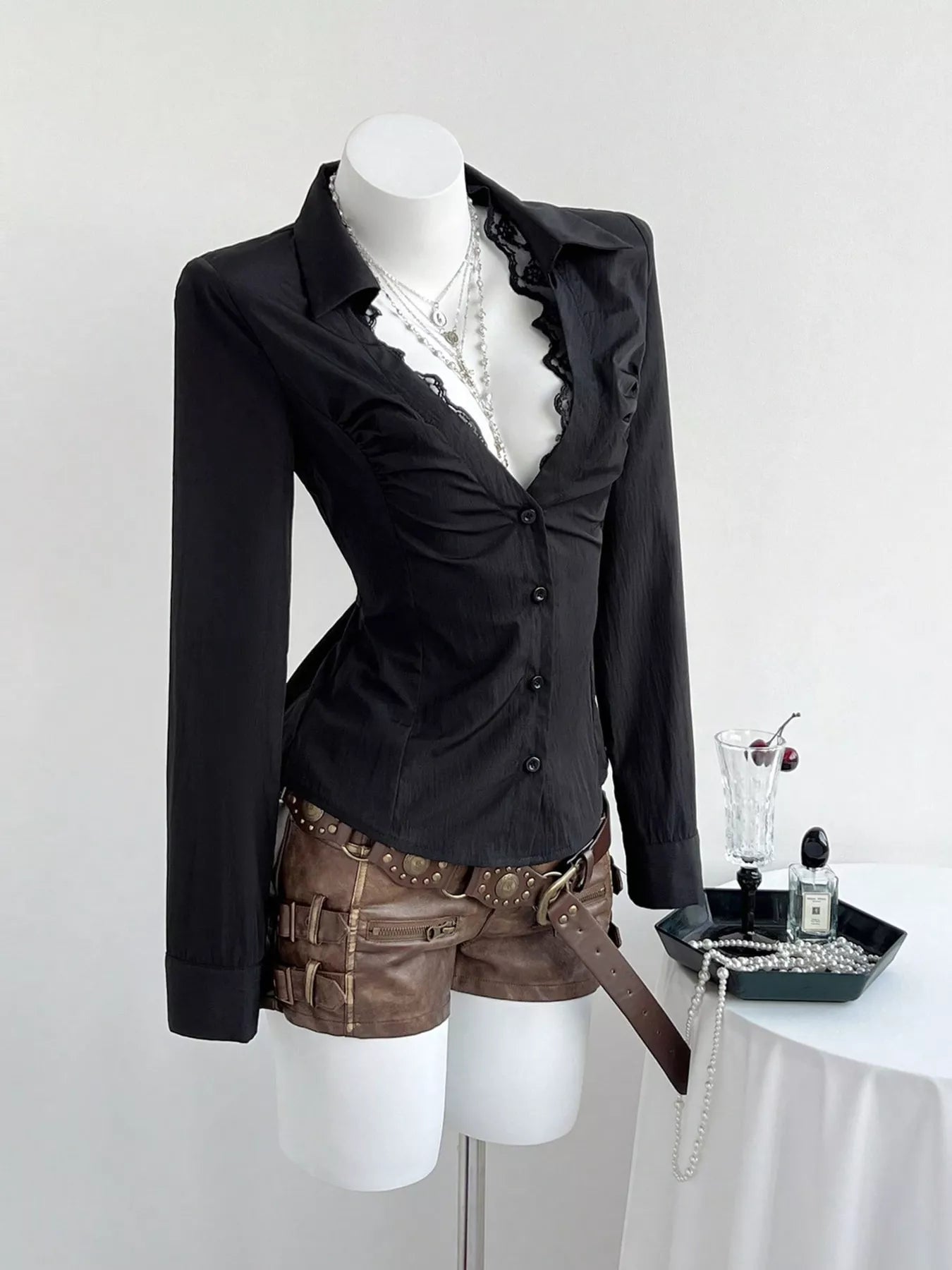 Trendsi black lace-trim slim-fit shirt with button-front and long sleeves