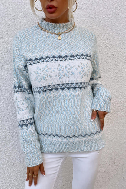 Snowflake Pattern Mock Neck Sweater - Tigbul's Variety Fashion Shop