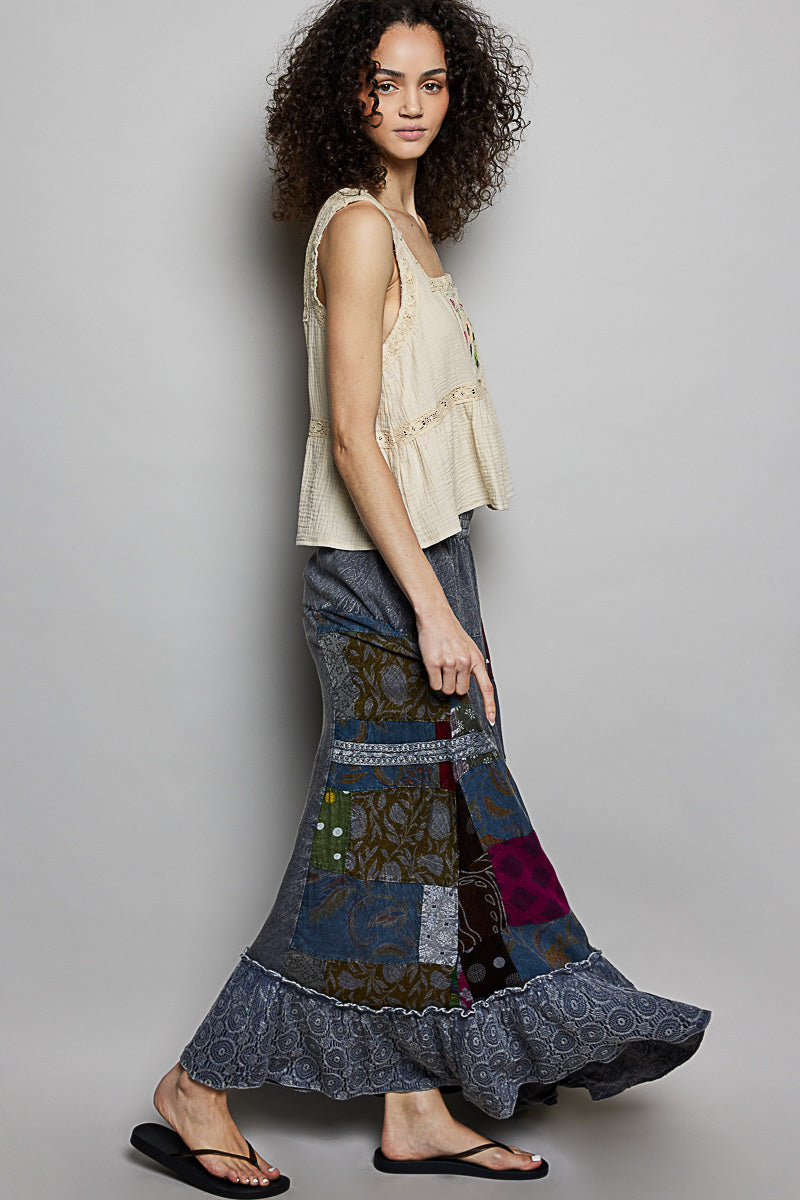 Charcoal Multi patchwork skirt with ruffled hem, lace trim, and patch pockets