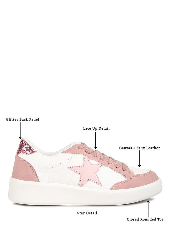 Pink and white lace-up star sneakers with glitter back panel and faux leather trim.