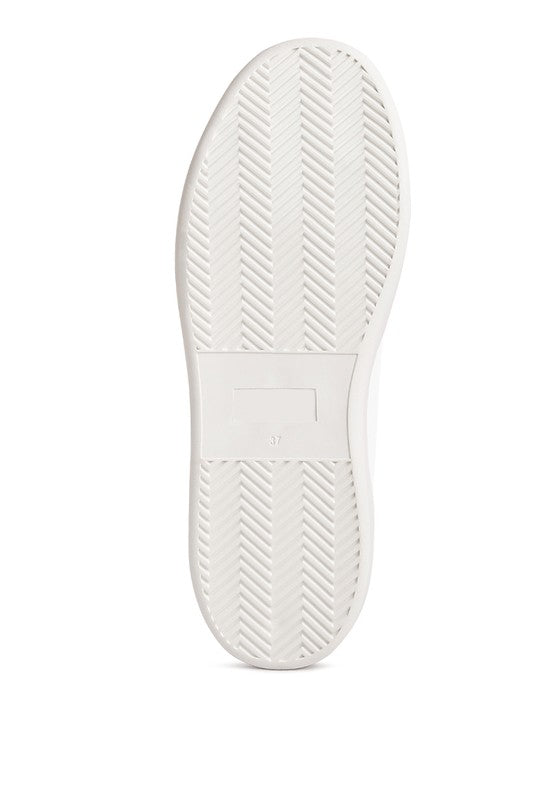 White sneaker outsole with textured tread and heel closure tab detail.