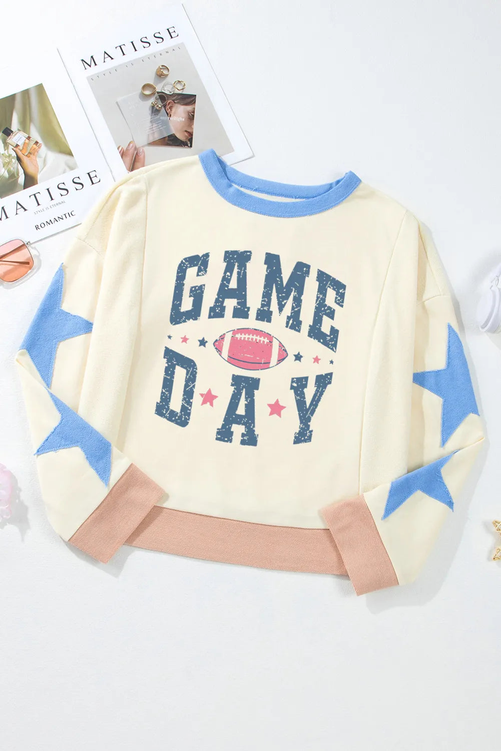 GAME DAY Star Patch Round Neck Long Sleeve Sweatshirt - Tigbul's Variety Fashion Shop