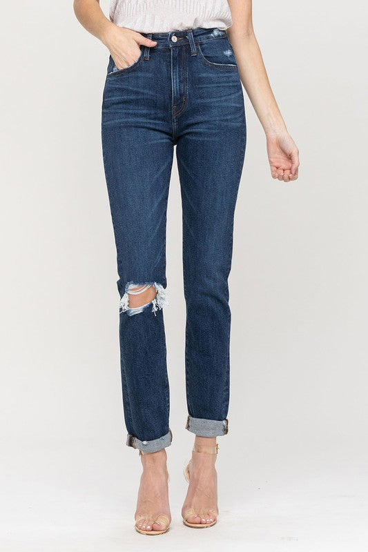 Distressed Roll Up Stretch Mom Jeans - Tigbuls Variety Fashion