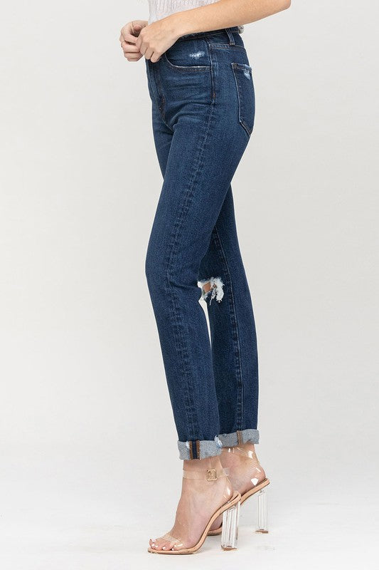 Distressed Roll Up Stretch Mom Jeans - Tigbuls Variety Fashion