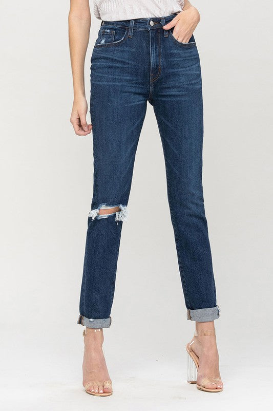 Distressed Roll Up Stretch Mom Jeans - Tigbuls Variety Fashion