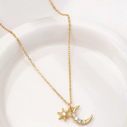 18K Gold-Plated Rhinestone Star & Moon Necklace - Tigbul's Variety Fashion Shop