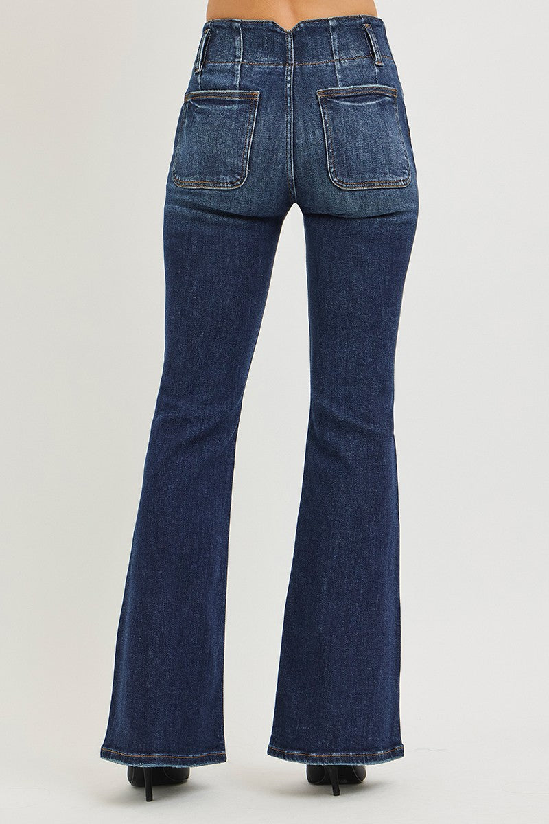 High-rise flare jeans, dark wash denim, back view with two rear patch pockets