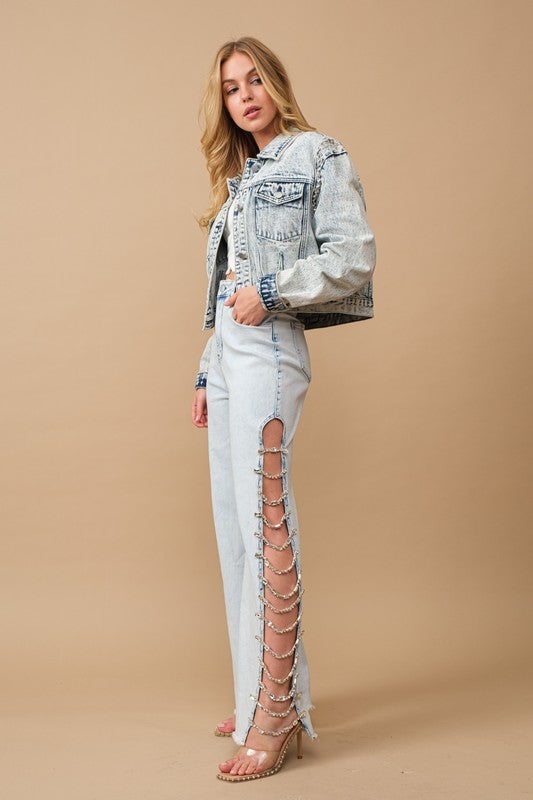 Cut Out At Side w/ Jewel Trim Stretch Denim Jeans - Tigbuls Variety Fashion