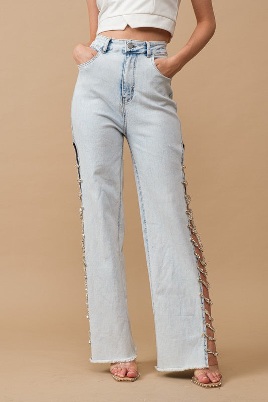 Cut Out At Side w/ Jewel Trim Stretch Denim Jeans - Tigbuls Variety Fashion