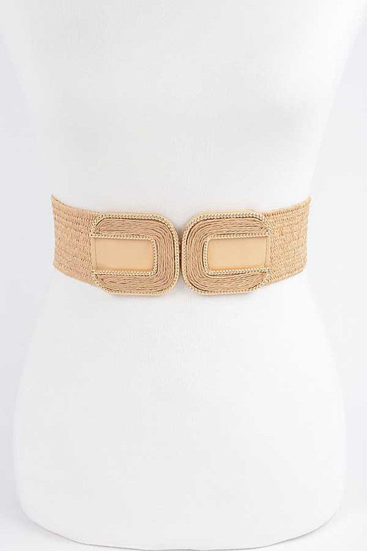 Double Buckle Faux Straw Elastic Belt - Tigbul's Variety Fashion Shop