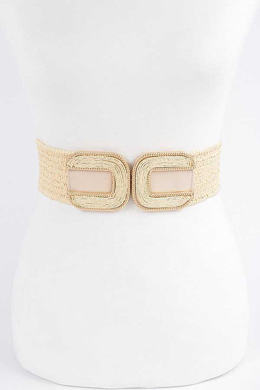 Double Buckle Faux Straw Elastic Belt - Tigbul's Variety Fashion Shop