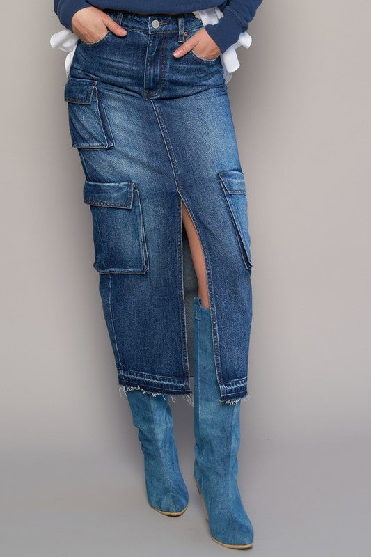 Dark Wash Cargo Pocket Long Denim Skirt - Tigbul's Variety Fashion Shop