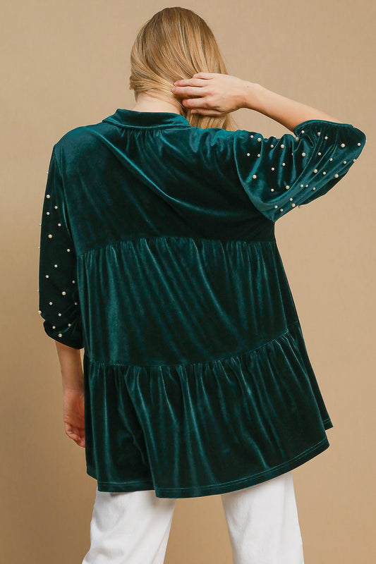 Pearl Detail Half Sleeve Velvet Babydoll Blouse - Tigbul's Variety Fashion Shop