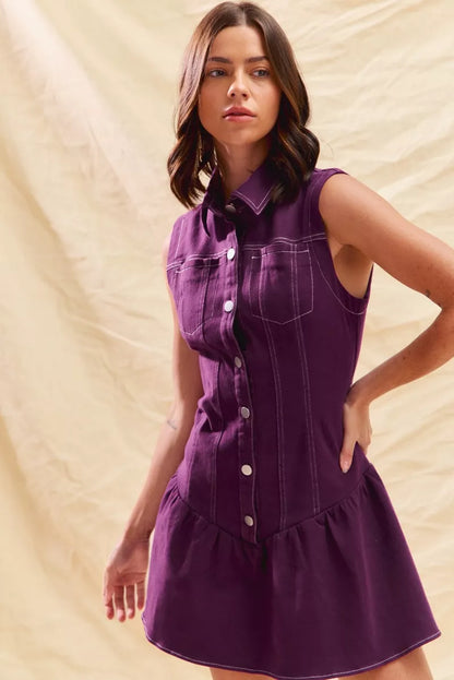 SO ME Button Down Sleeveless Collared Game Day Mini Dress - Tigbul's Variety Fashion Shop