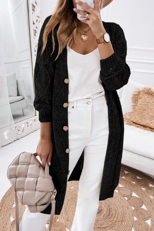 Plus Eyelet sweater button  crochet knit cardigan - Tigbul's Variety Fashion Shop