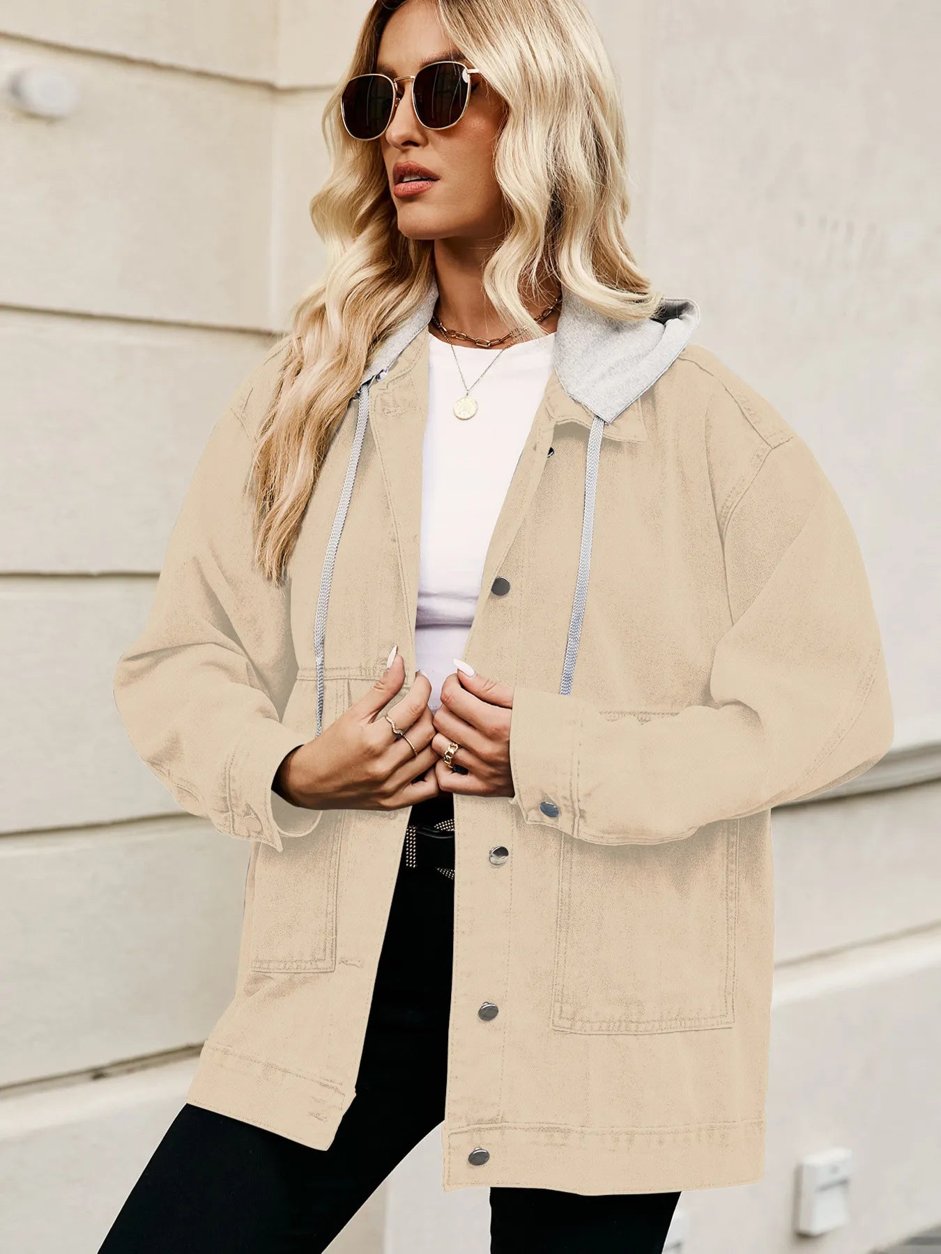 Oversized Button Up Denim Jacket with Hood - Tigbul's Variety Fashion Shop