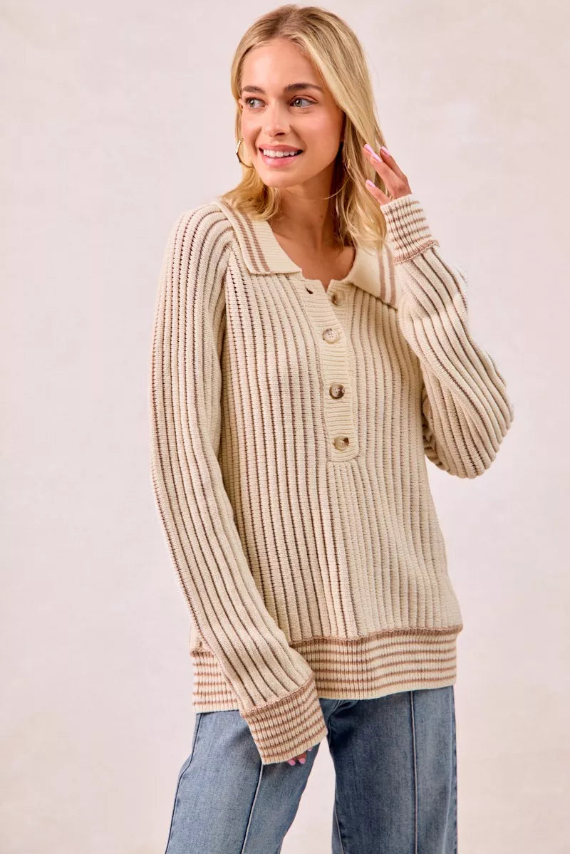 BiBi Half Button Ribbed Two Tone Sweater - Tigbul's Variety Fashion Shop