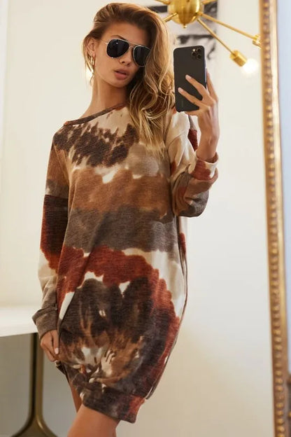 Rust/Olive Color Tie Dye Print Knit Dress with Side Pocket | Tigbuls