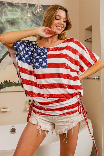 American Flag Printed Side Ruched Details Knit Top - Tigbul's Variety Fashion Shop