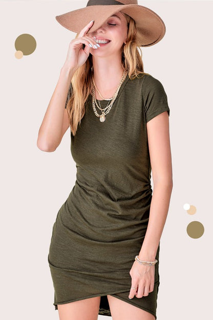 Soft Ruched Round Neck Short Sleeve Mini Dress - Tigbuls Variety Fashion