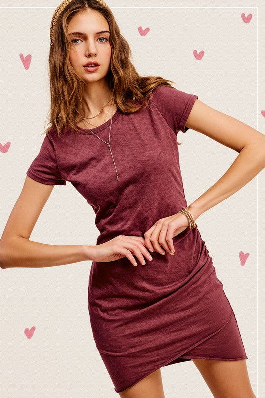 Soft Ruched Round Neck Short Sleeve Mini Dress - Tigbuls Variety Fashion