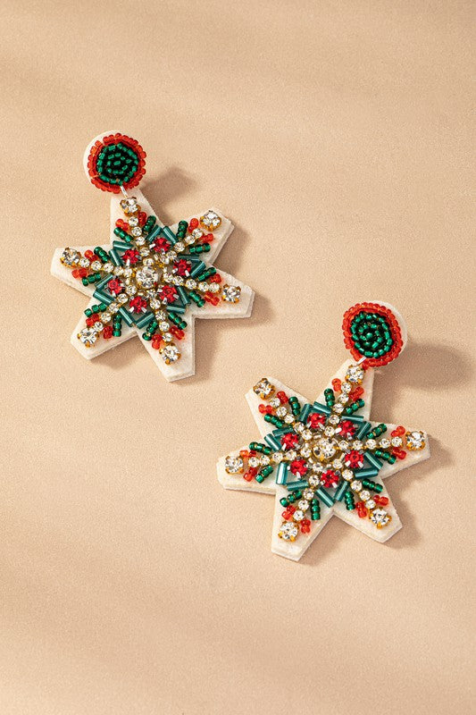 Multi color seed bead snow flake drop earrings