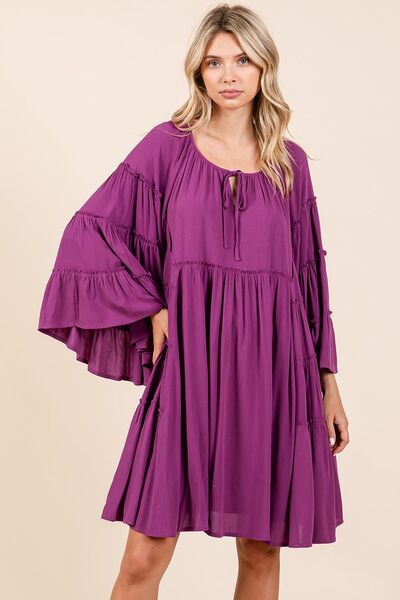 Red-Violet Frill Tie Neck Bell Sleeve Dress - Tigbul's Variety Fashion Shop