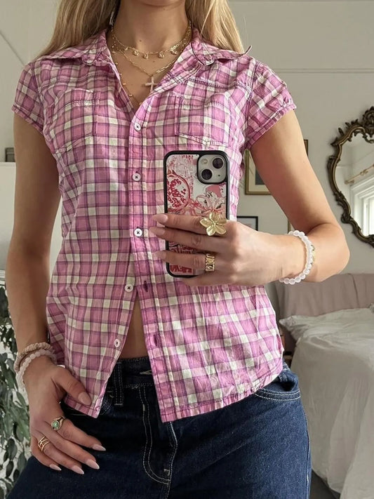 Plaid Cap Sleeve Button-Up Shirt - Tigbul's Variety Fashion Shop