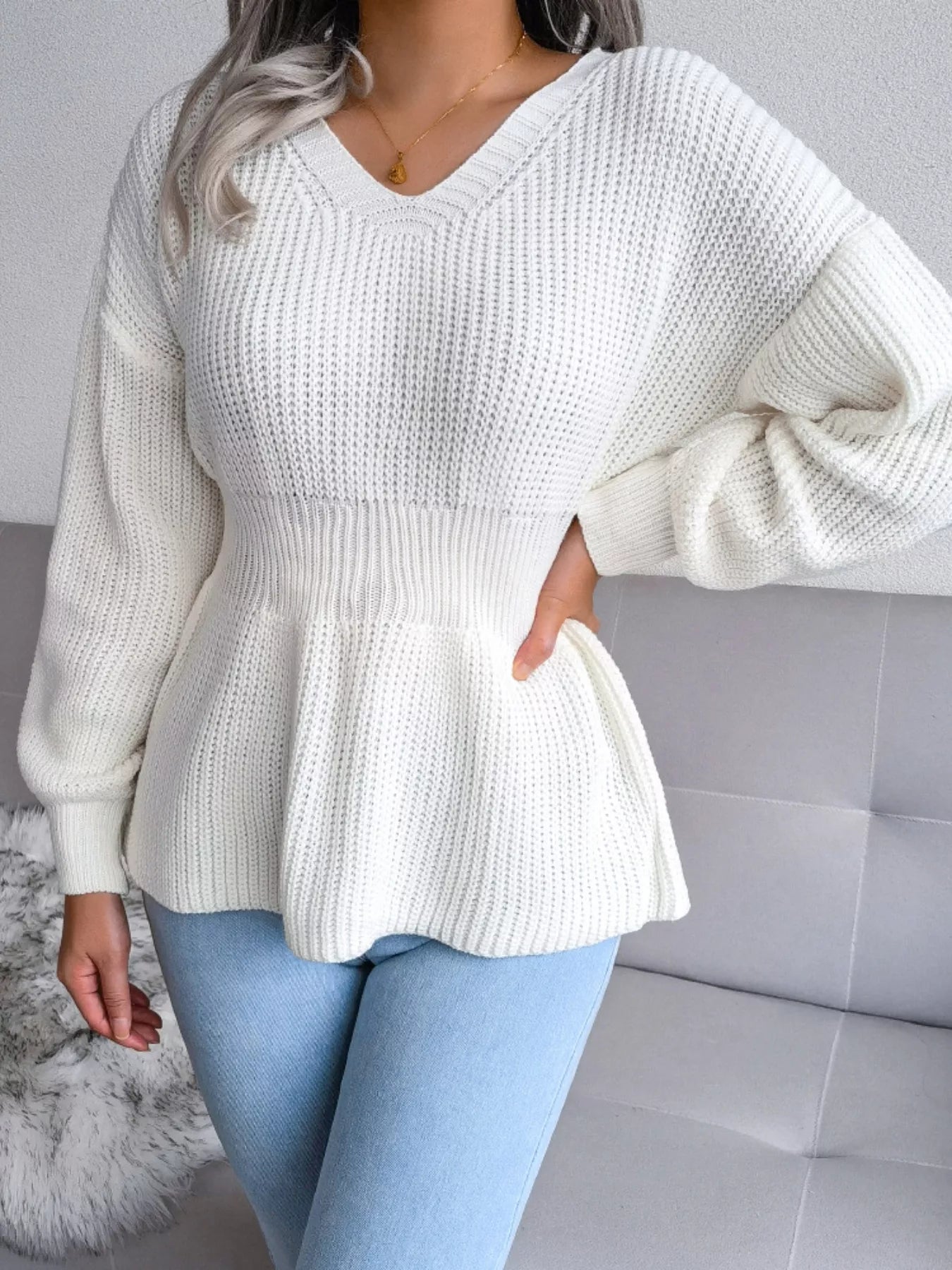 V-Neck Dropped Shoulder Sweater - Tigbul's Variety Fashion Shop