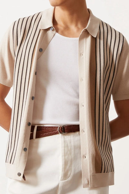 Men's Size L to 3XL Beige Striped Buttoned Short Sleeve Shirt - Tigbul's Variety Fashion Shop