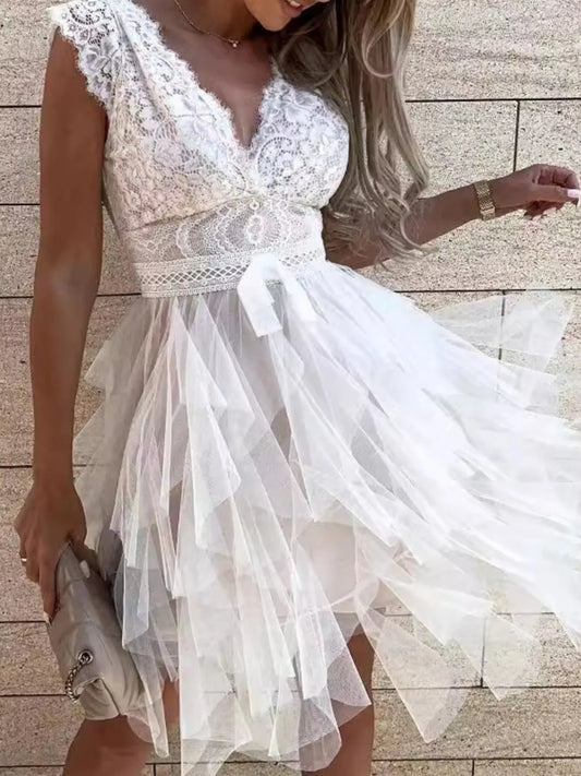 Lace V-Neck Ruffle Dress - Tigbul's Variety Fashion Shop