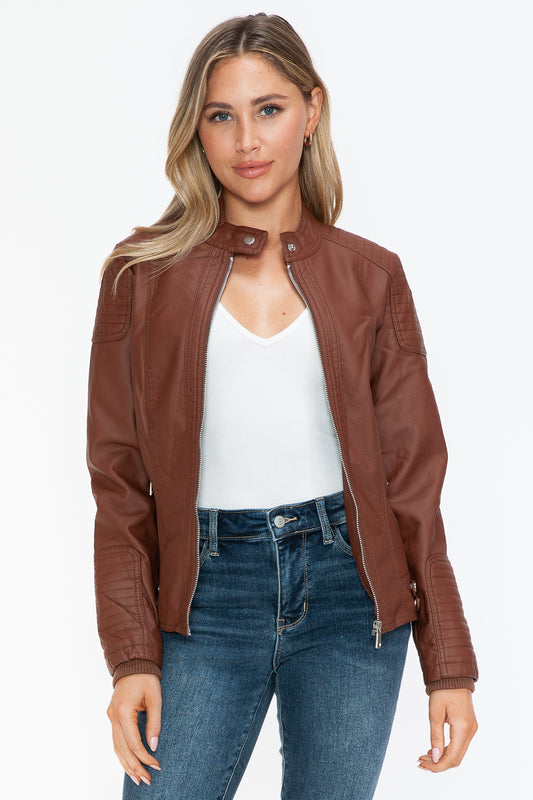 Brown Faux Leather Biker Jacket with Side Zip Pockets