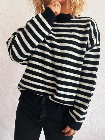 Striped Mock Neck Long Sleeve Sweater - Tigbul's Variety Fashion Shop